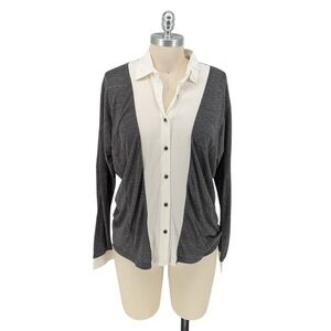 Bess Colorblock Knit Button Down Shirt Gray White M Business casual preppy